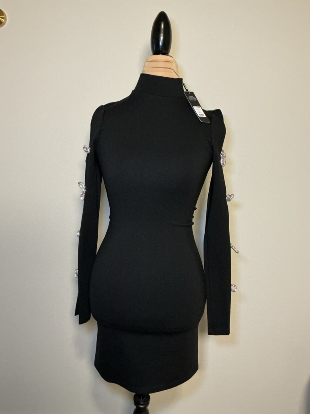 Black Long-Sleeve Bodycon Dress with Jewel Sleeve Details